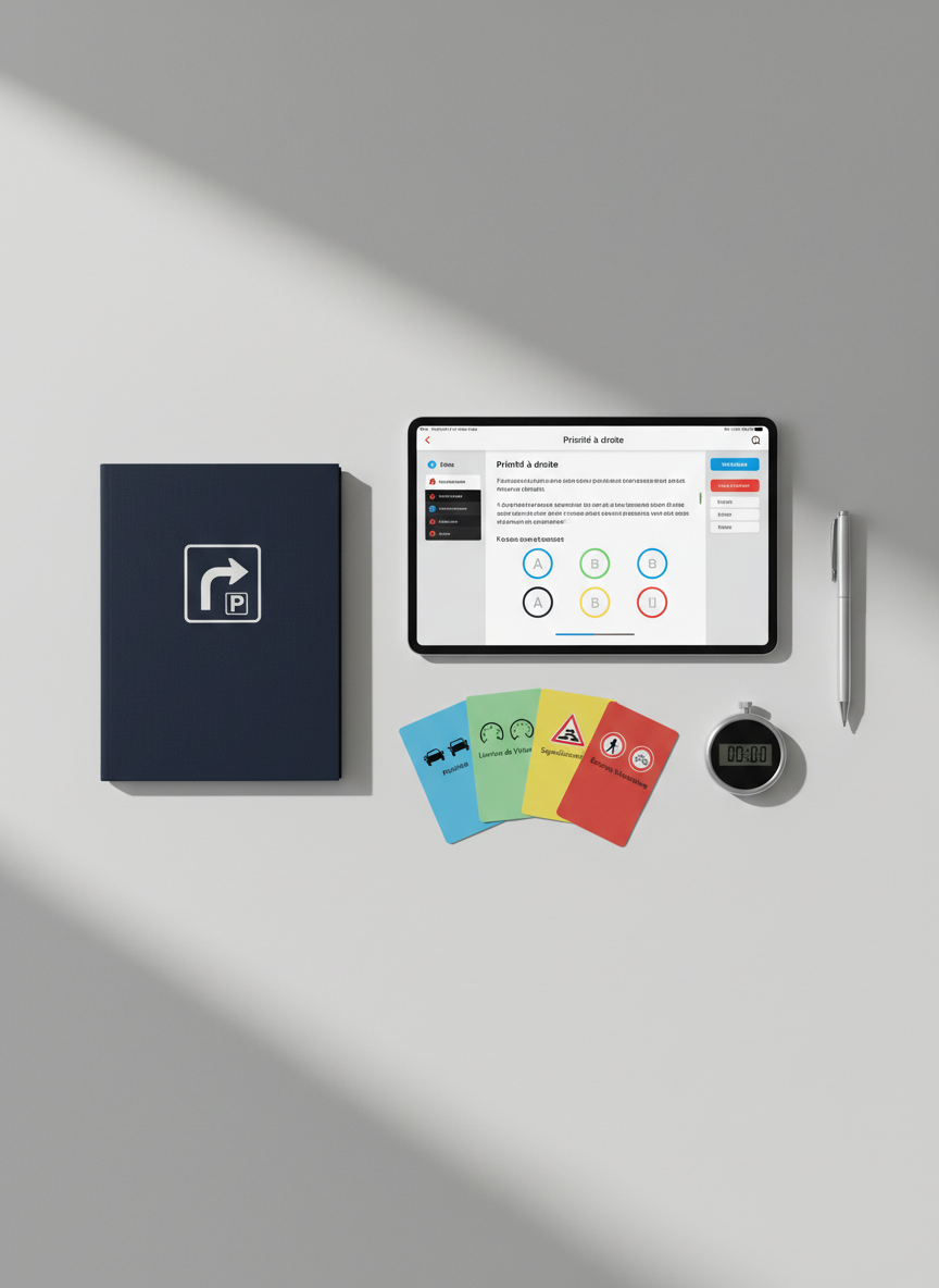 A minimalist, professional flat lay of study materials for the code de la route exam arranged on a smooth, light-grey desk. A closed dark-blue handbook with a stylized road sign icon sits beside a thin tablet displaying a multiple-choice traffic rules interface. A set of color-coded flashcards, each with a small printed symbol for different themes like priorities, speed limits, and signage, fans out neatly. A sleek stopwatch and a pen rest nearby, hinting at timed practice sessions. Soft, diffused daylight from the left casts gentle shadows and subtle highlights, keeping everything evenly lit. Photographic realism from a perfectly top-down perspective creates a calm, organized, and efficient atmosphere aligned with serious, structured exam preparation.